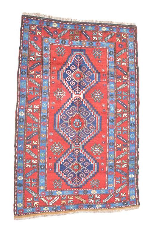 Vintage Kazak Turkish Rug, Red Blue Rug, 4' x 6'5