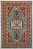 Vintage Persian Ghazni Kazak Oriental Pure Wool Rug, Green Red, 4' x 6'
