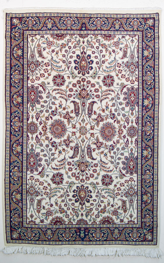 Vintage Kashmir Rug, Oriental Design, Oriental Silk Indian Rug, Cream White, 4' x 6'