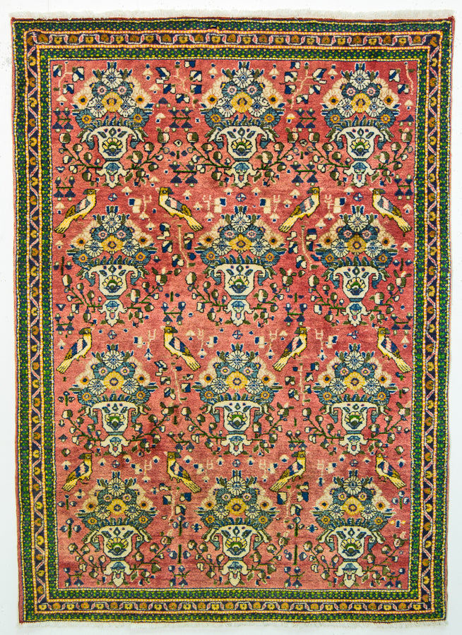 Vintage Persian Rug, Ardabil Songbird Persian Tribal Rug, Pink and Green, 3' x 5' Rug